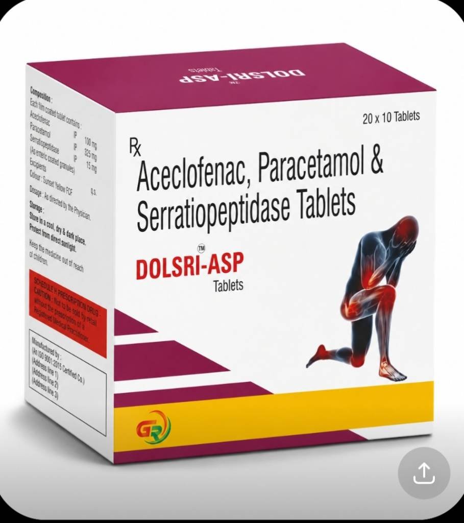 aceclofenic paracetamol serrsippetidase 100mg/325mg/15mg